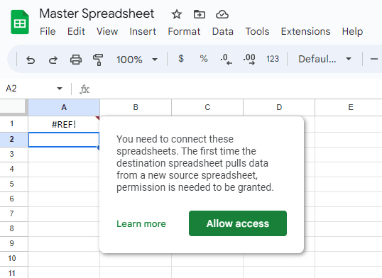 A screenshot of an error in Google Sheets.