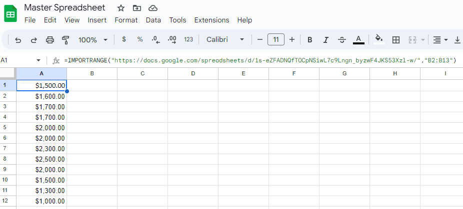 A screenshot of imported data in Google Sheets.