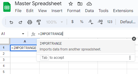  A screenshot of the IMPORTRANGE function in Google Sheets.