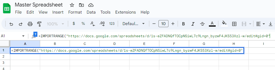 A screenshot of the IMPORTRANGE formula in Google Sheets.