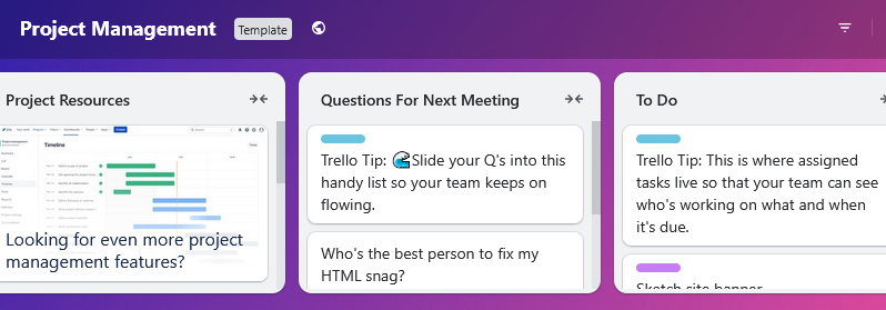 A screenshot of a project management template in Trello.