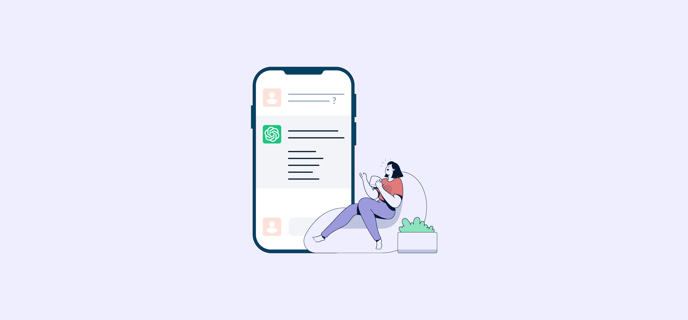 An illustration of a person sitting by a phone screen with ChatGPT, representing ChatGPT examples for business users.