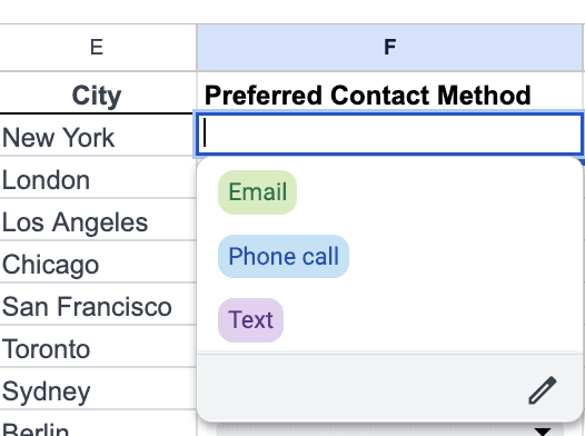 A screenshot of a dropdown list in the Preferred Contact Method column of a spreadsheet.