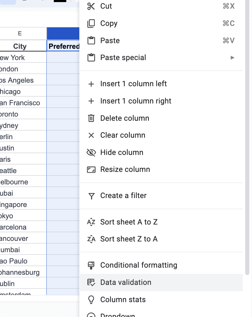 A screenshot of the right-click menu in Google Sheets.