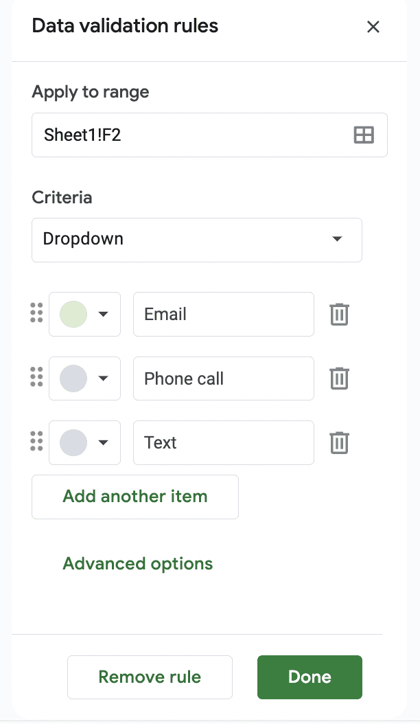A screenshot of an edited data validation rule, part of how to create dropdown lists in Google Sheets.