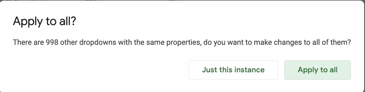 A screenshot of the "Apply to all?" menu in Google Sheets.
