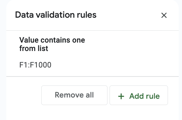A screenshot of a completed data validation rule in Google Sheets.
