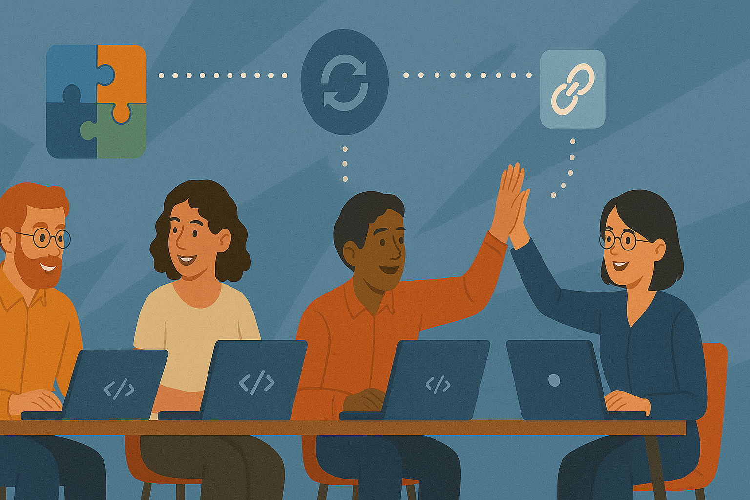 A diverse team of software developers, two of them high-fiving as they collaborate through software integration.