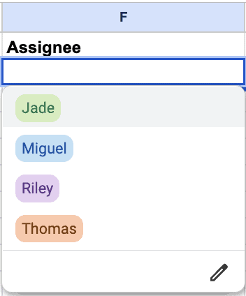 A screenshot of a dropdown called Assignee with several names.