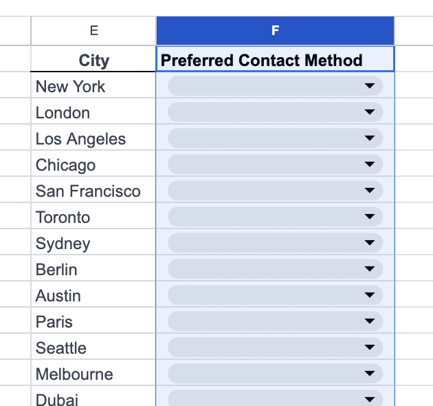 A screenshot of a highlighted column in Google Sheets called Preferred Contact Method.