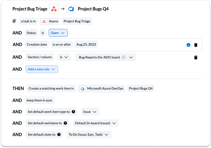 Asana Azure DevOps integration Unito rules