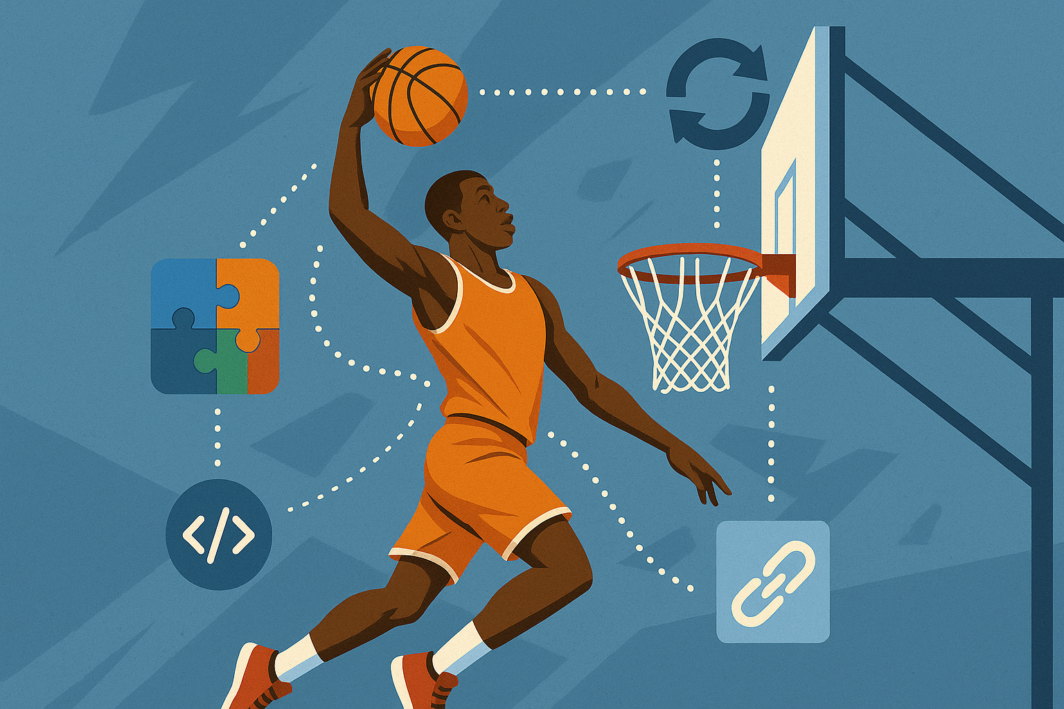 An illustration of a basketball player dunking a basketball.