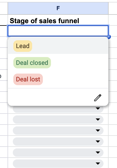 A screenshot of a dropdown list reflecting stages of a sales funnel.