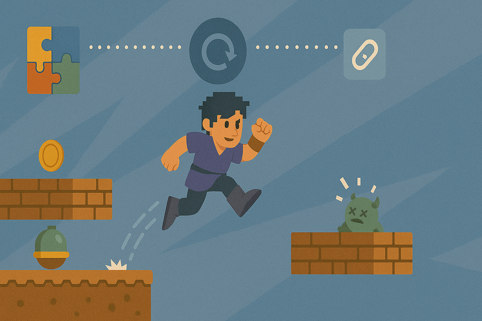 An illustration of a video game character jumping from platform to platform, with icons representing software integration.