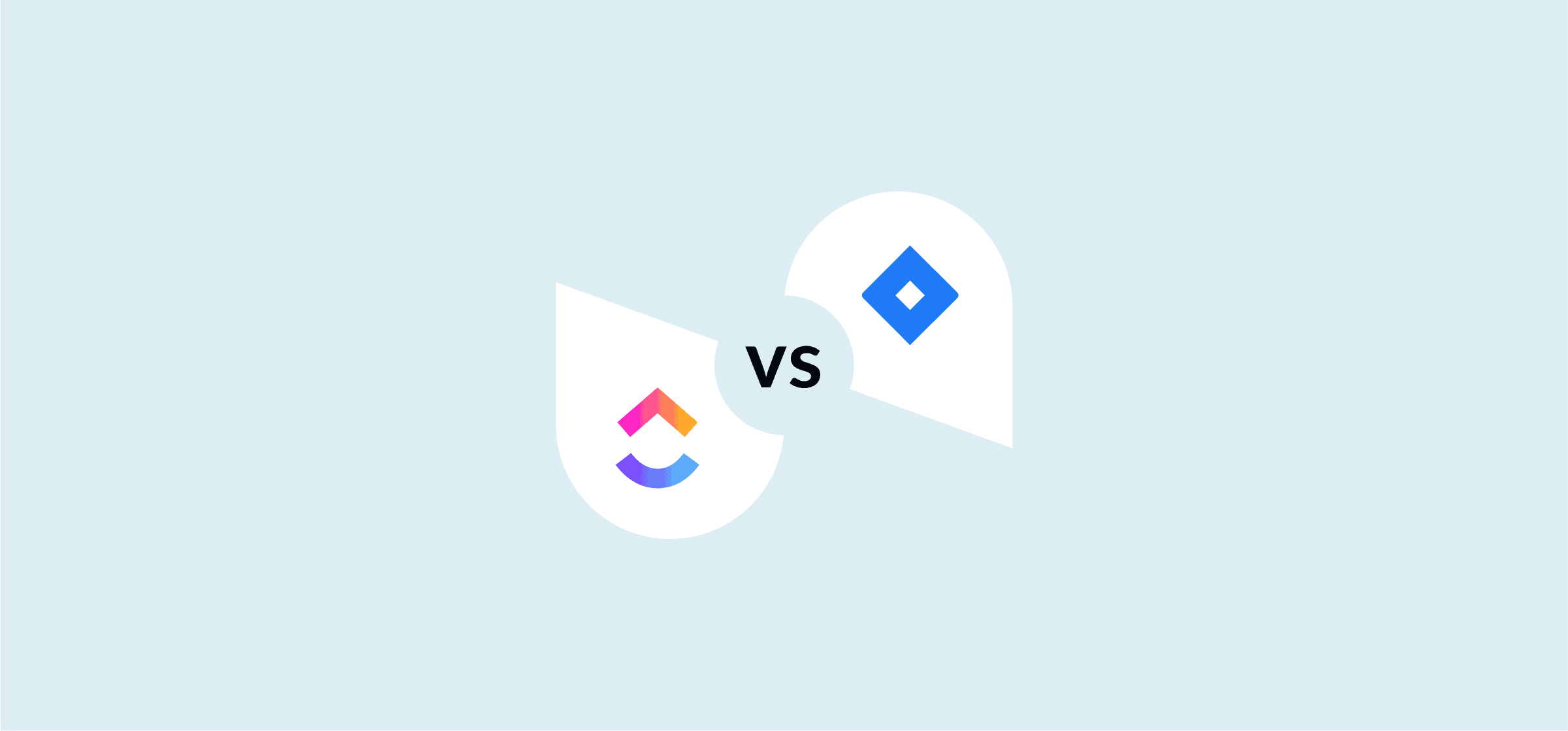 Logos for ClickUp and Jira, representing a blog post comparing ClickUp vs. Jira.