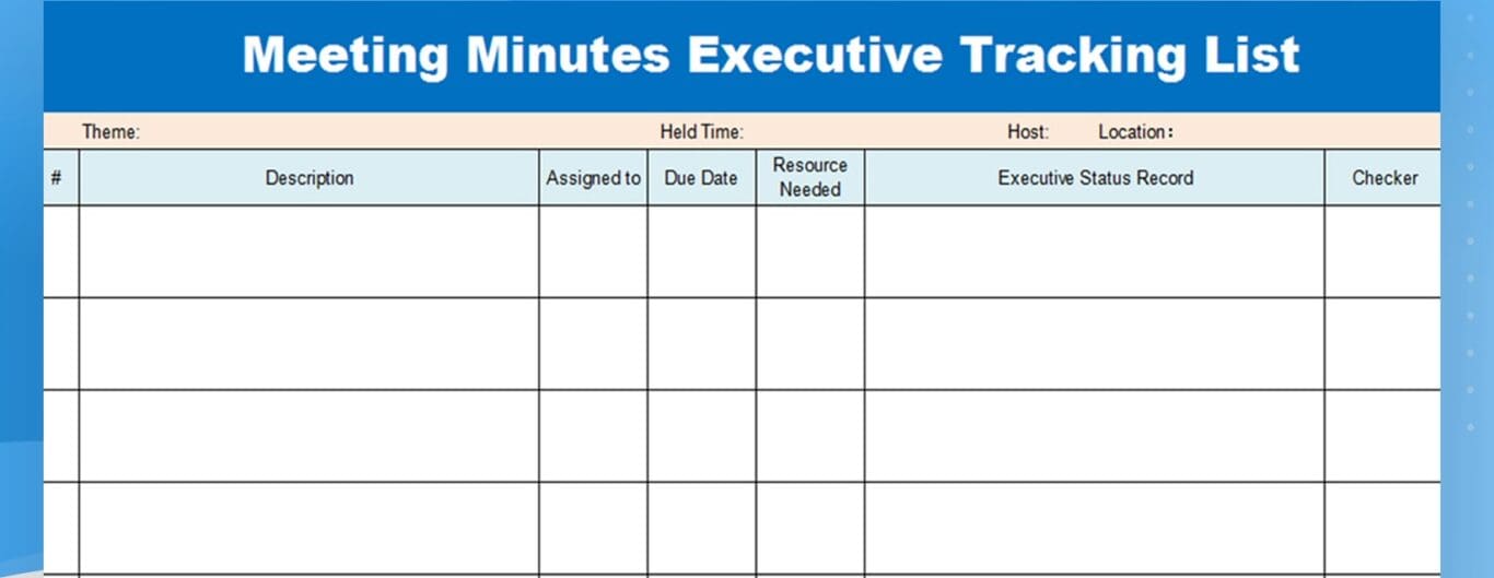 A screenshot of a meeting minutes template, an example of how to automate spreadsheets.