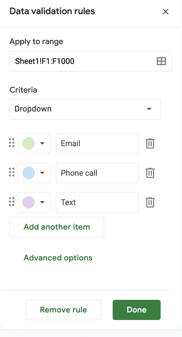 A screenshot of a data validation rule with dropdown options.