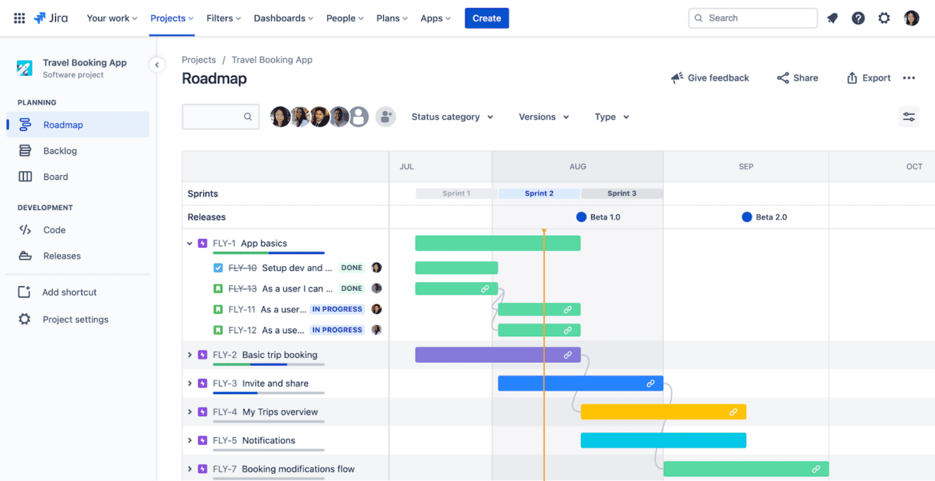 A screenshot of a roadmap in Jira, one of the competitors in the ClickUp vs. Jira matchup.