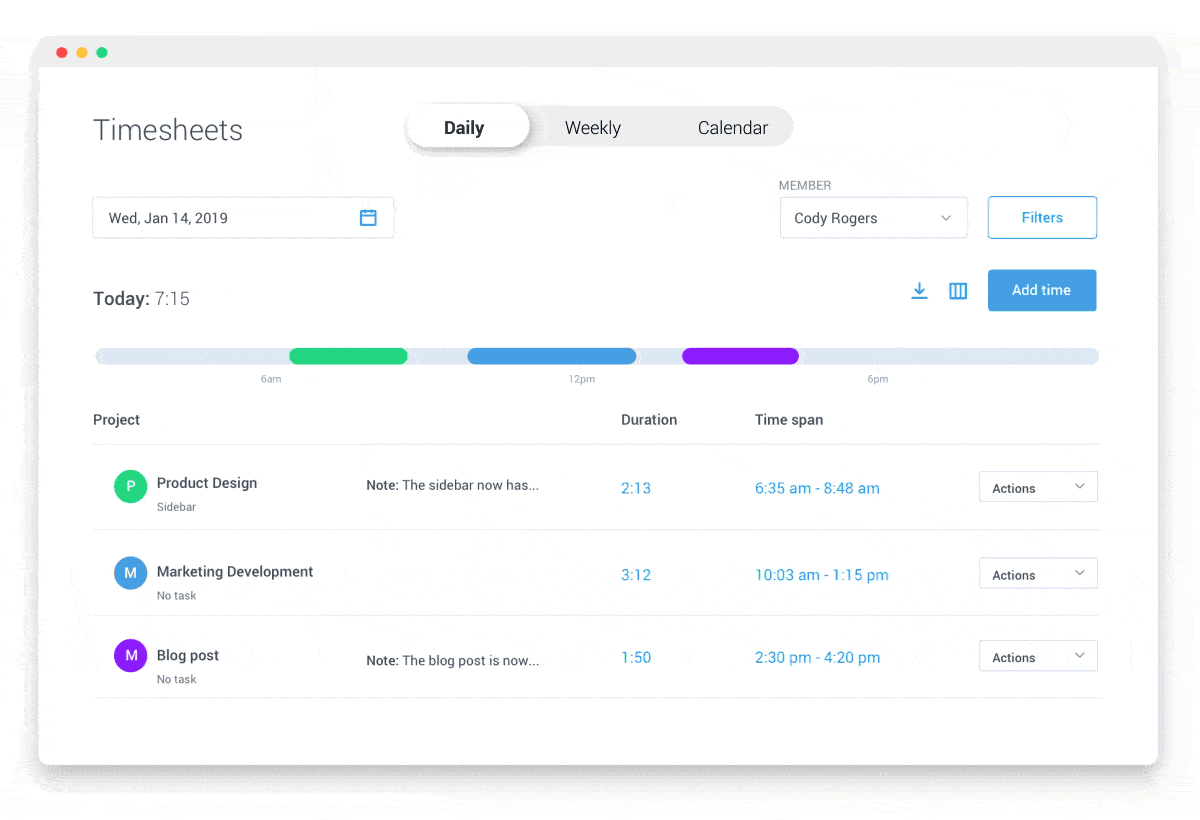 A screenshot of a time-tracking report, an example of an automated report.