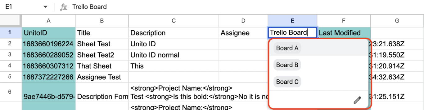 A screenshot of a dropdown list in a spreadsheet.