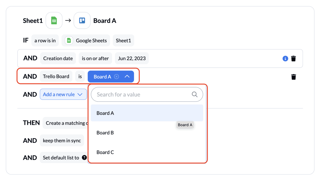 A screenshot of a rule in Unito, filtering for a specific dropdown option in a spreadsheet.