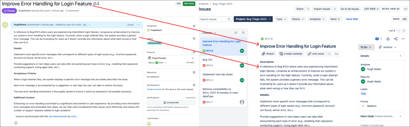 A GitHub issue synced to a Jira issue with Unito's 2-way sync