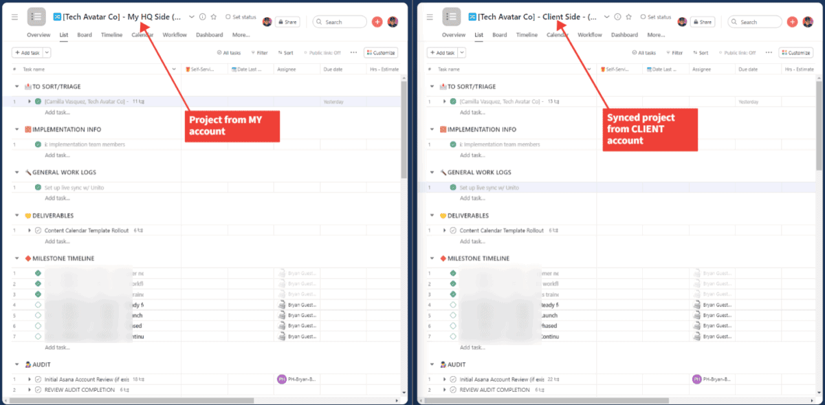 A screenshot of two synced Asana Projects