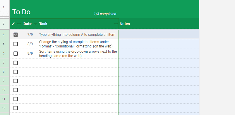 A screenshot of a to-do list in Google Sheets.