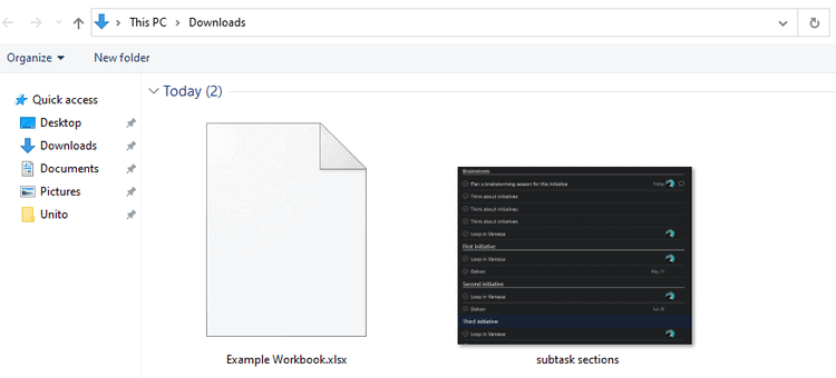 A screenshot of a Downloads folder with an Excel file.