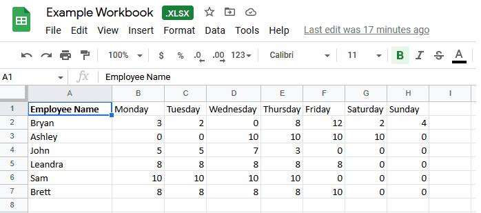 A screenshot of an Excel spreadsheet opened in Google Sheets.