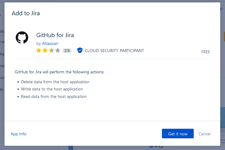 A screenshot of the pop-up that shows up when adding the GitHub for Jira app.