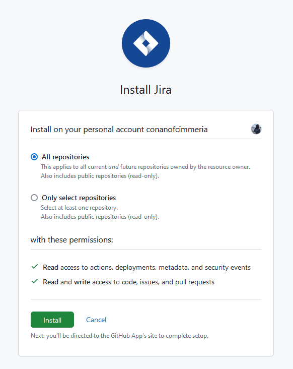 A screenshot of the "Install Jira" screen in GitHub.