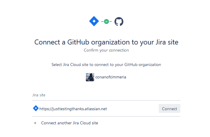 A screenshot of the "Connect a GitHub organization to your Jira site" screenshot with a GitHub organization selected.