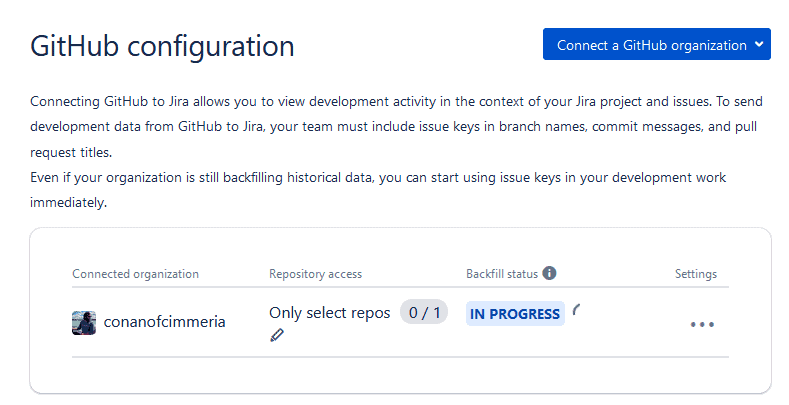 A screenshot of the GitHub configuration screen in Jira.