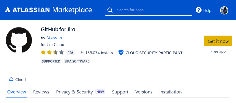 A screenshot of the GitHub for Jira app on the Atlassian marketplace.