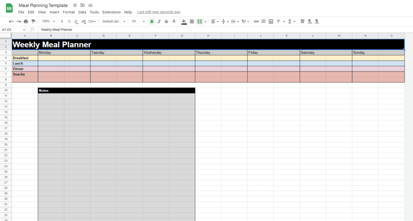 A screenshot of a meal planner template for Google Sheets.