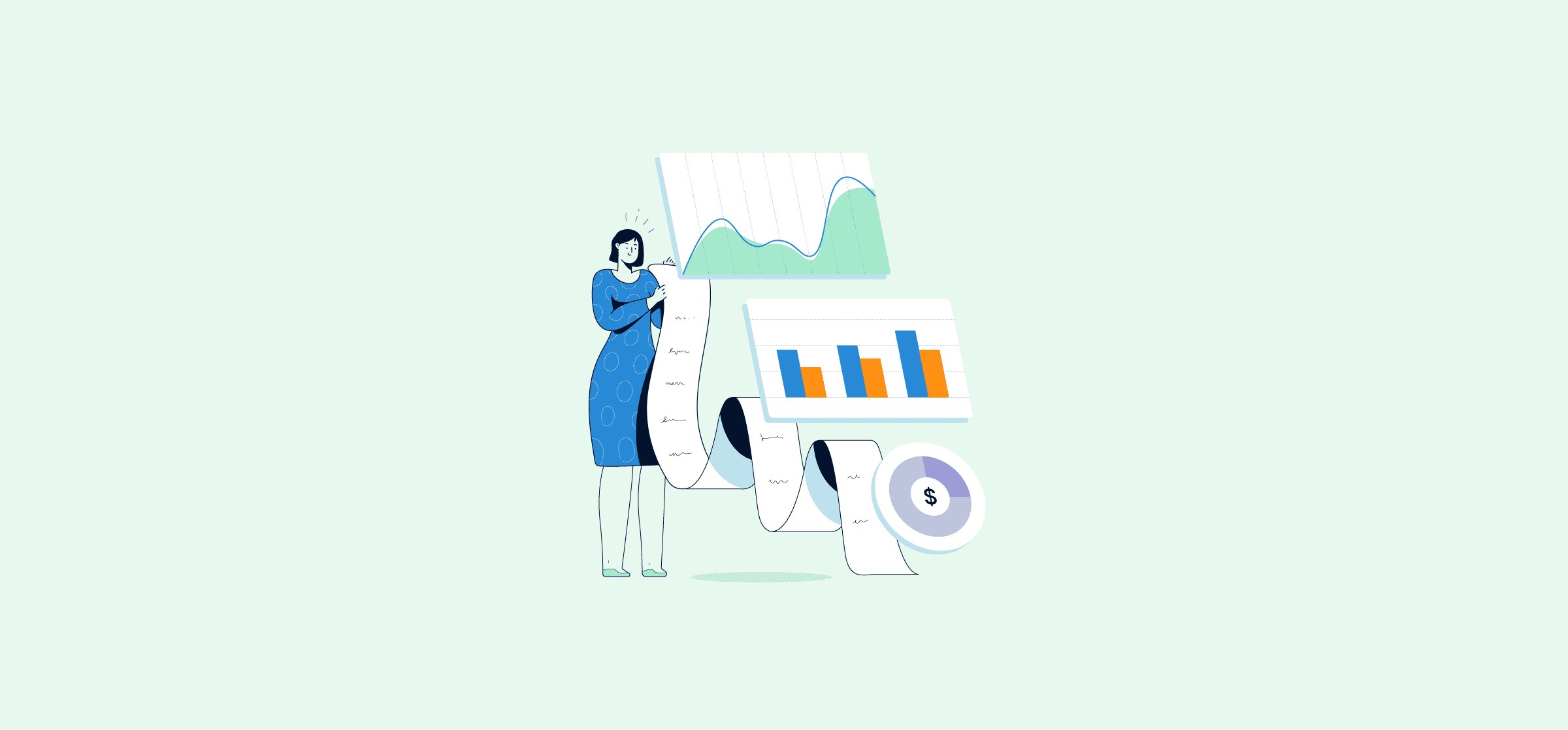 An illustration of a person with an unrolling leaf of paper and charts, representing sales report templates.