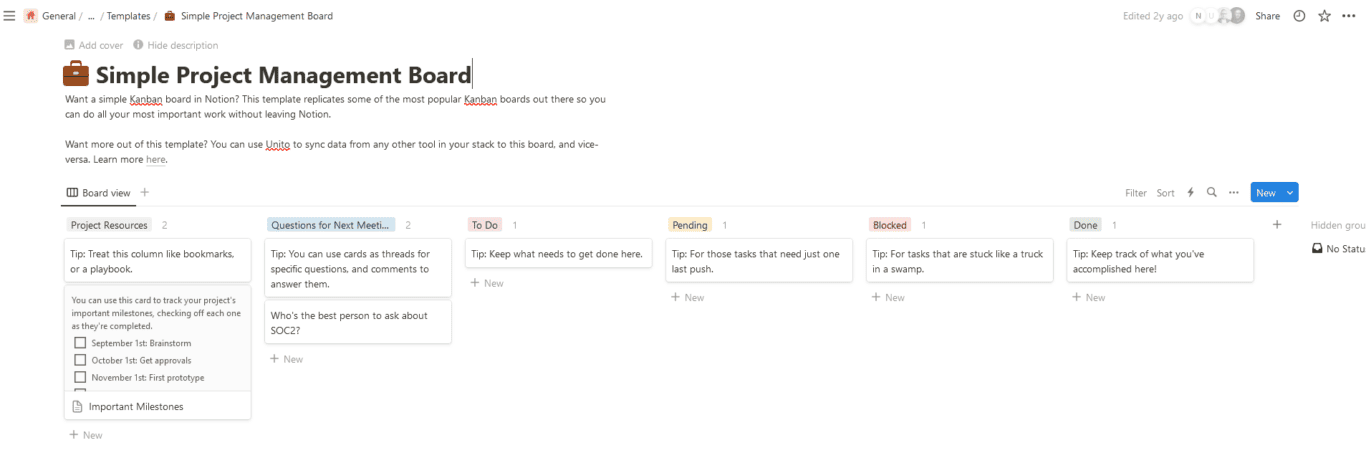 A screenshot of a Notion database called Simple Project Management Board.