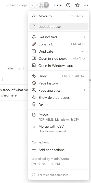 A screenshot of the options menu in Notion.