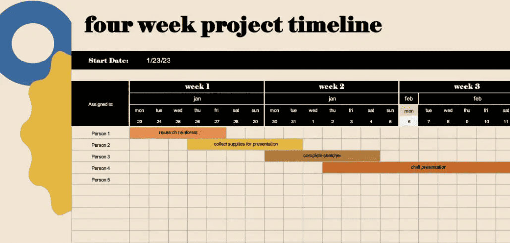 A screenshot of a project timeline template for Excel