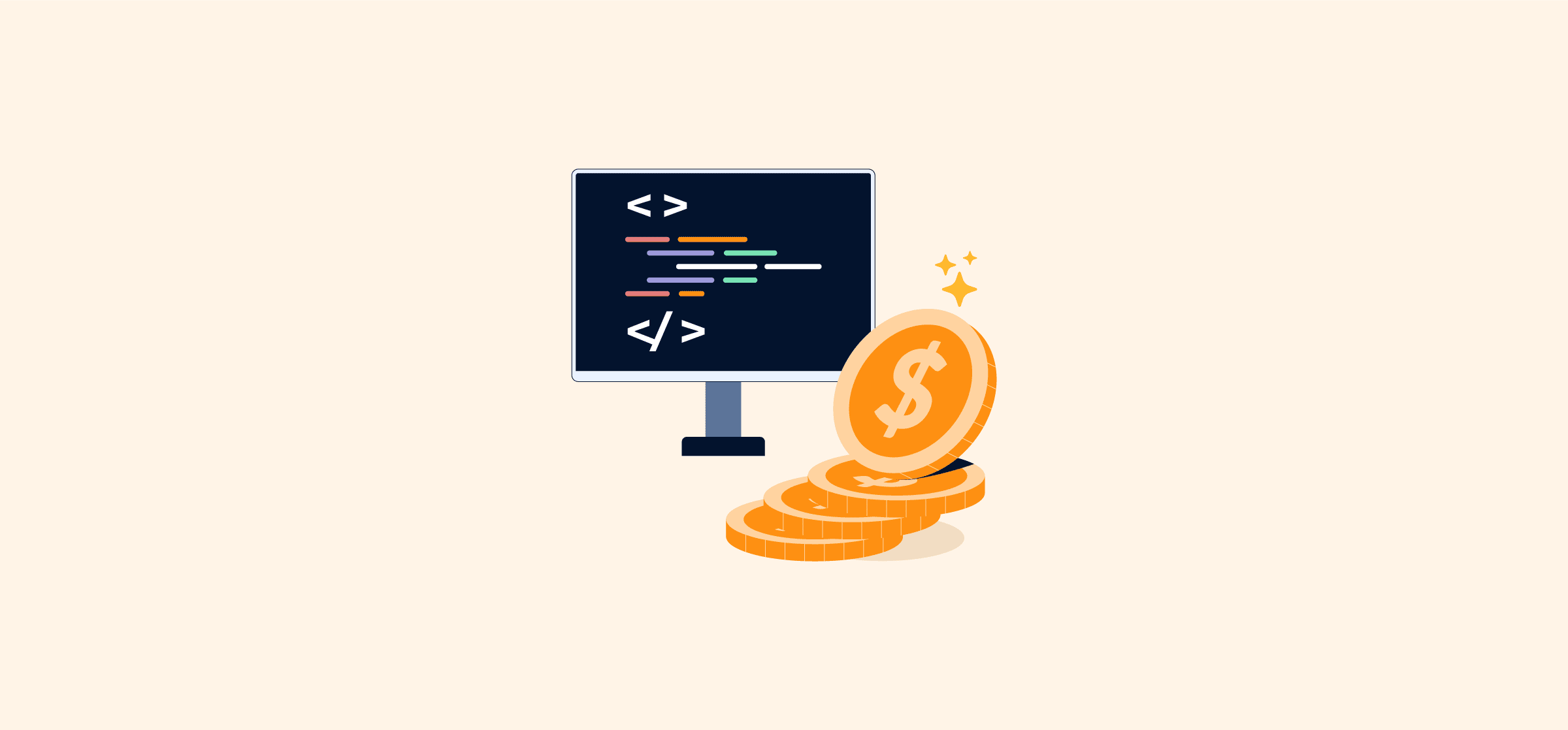 An illustration of a computer monitor and coins, representing software development costs.