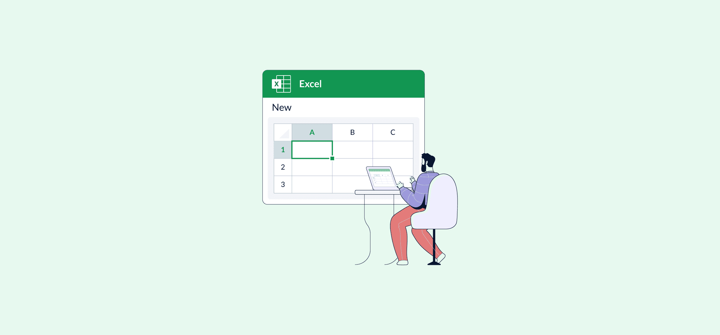 An illustration of s person sitting at a computer working on a spreadsheet, representing how to use Excel.