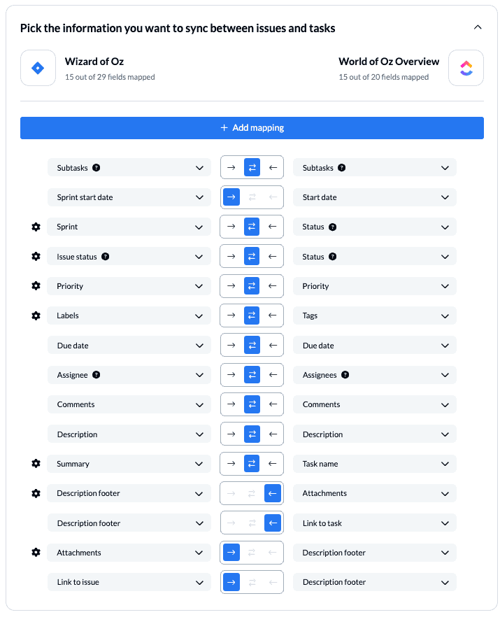 Screenshot of field mappings between ClickUp and Jira