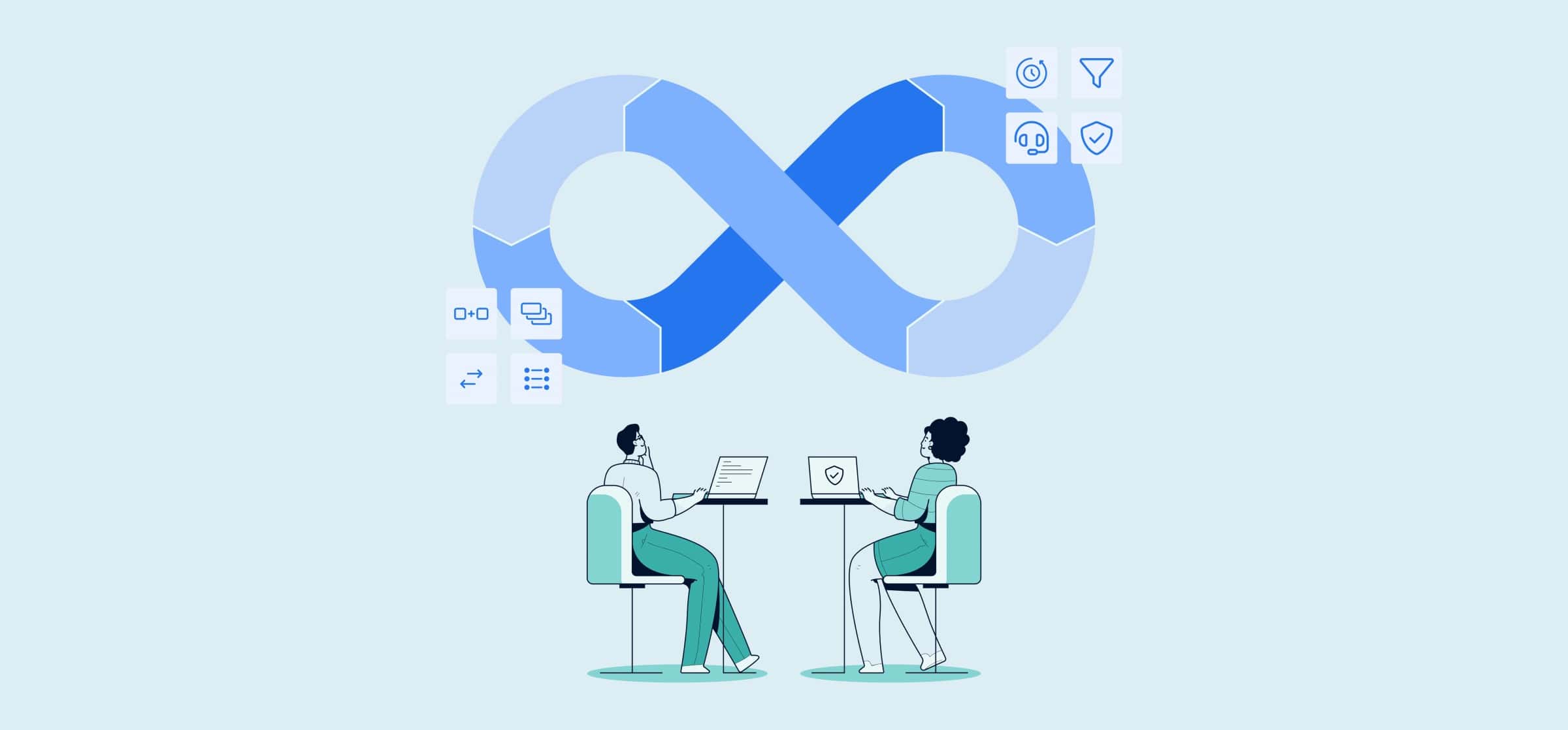 An illustration of two people working at laptops under an infinity sign, representing rolling migrations.