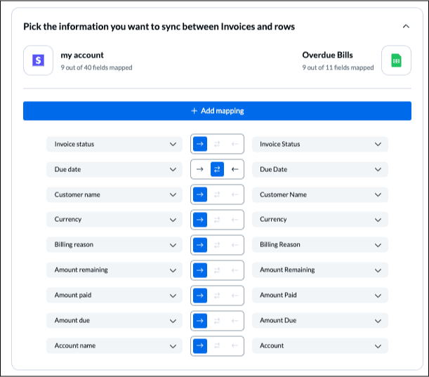 Screenshot of synced fields between Stripe and Google Sheets