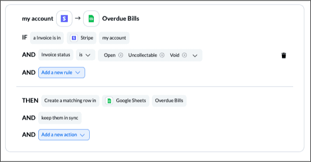 Screenshot of Unito rules filtering invoices from syncing between Stripe and Google Sheets.