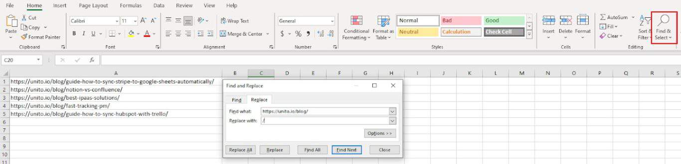 A screenshot of Excel with the Find and Replace menu open.
