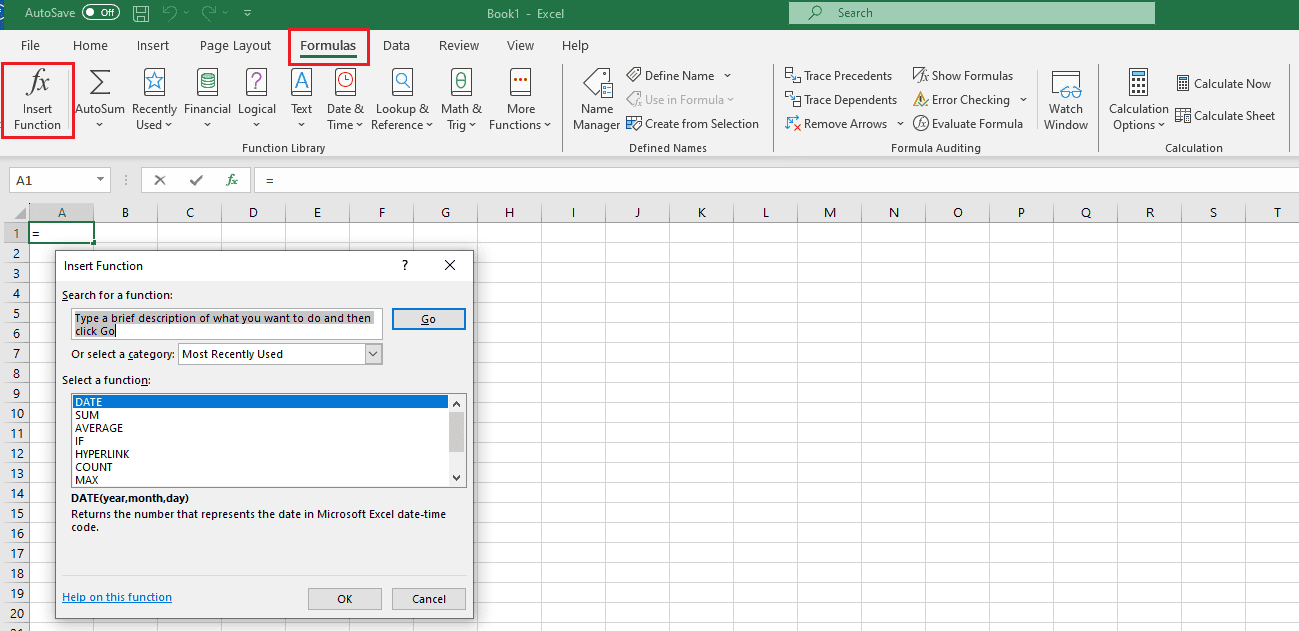 A screenshot of Excel, with the "Insert Function" menu open.