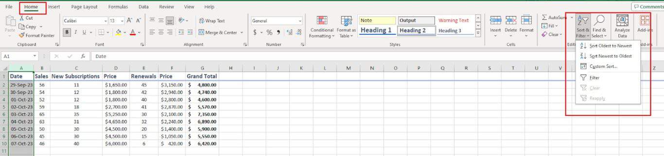 A screenshot of Excel with the Sort & Filter menu open.