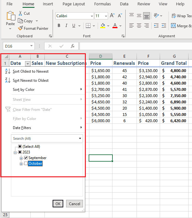 A screenshot of Excel with a Sort menu open.